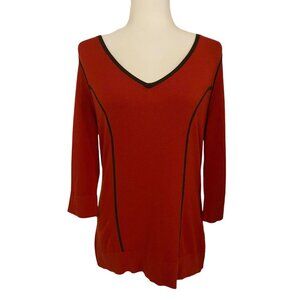 Nine West XL Orange V-Neck Top With Brown Piping Detail